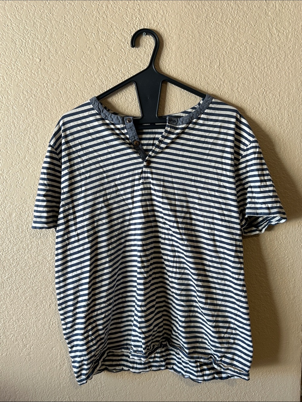 Slate & Stone Navy and White Striped Henley Short Sleeve Shirt